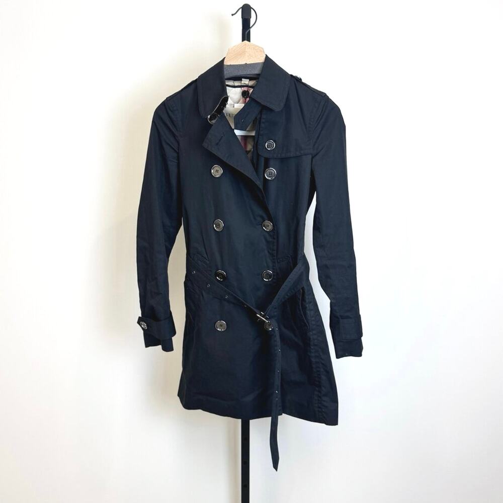 BURBERRY Black Midi Double Breasted Trench Coat 4 Insulated Nova Check Lining